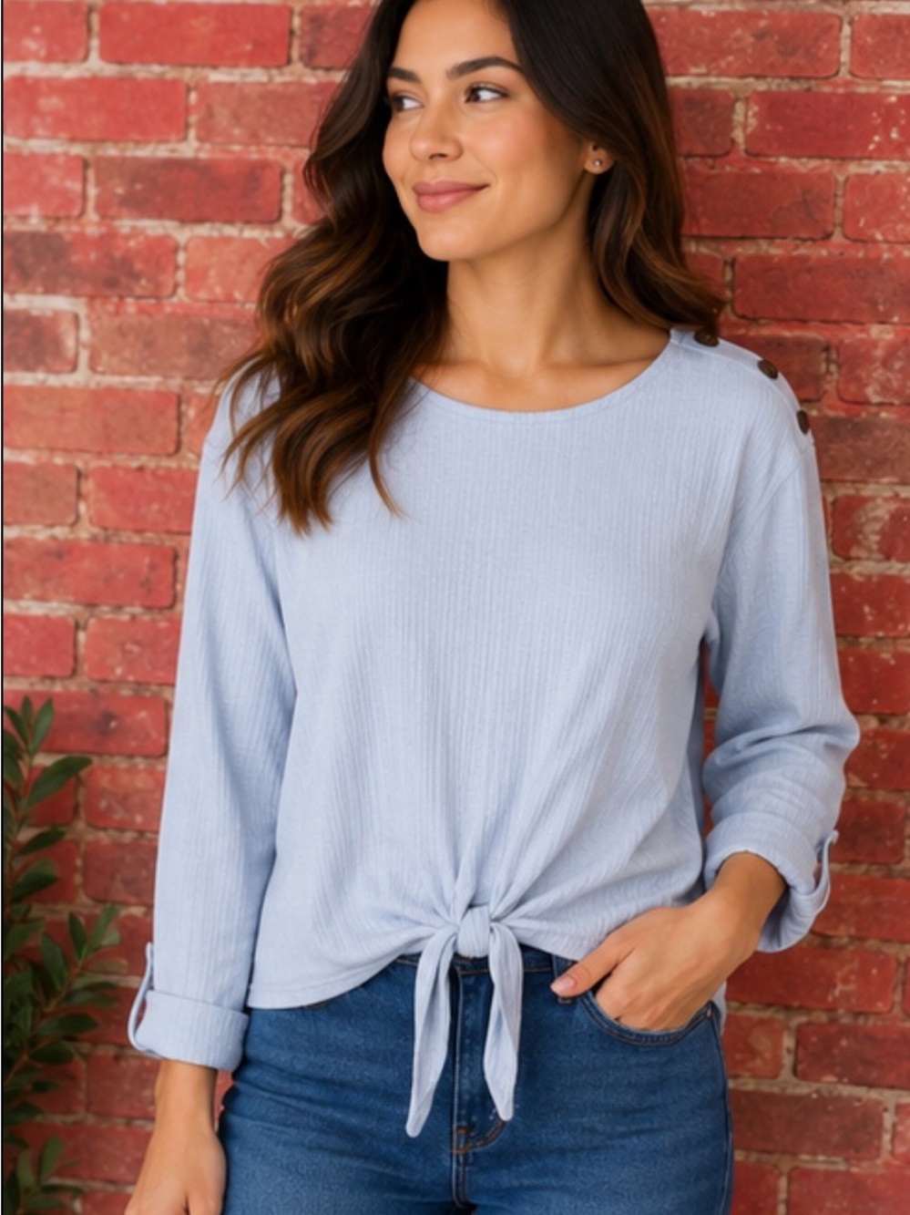 Set The Stage Women’s Ribbed Tie-Front Top - Size Small - Light Blue